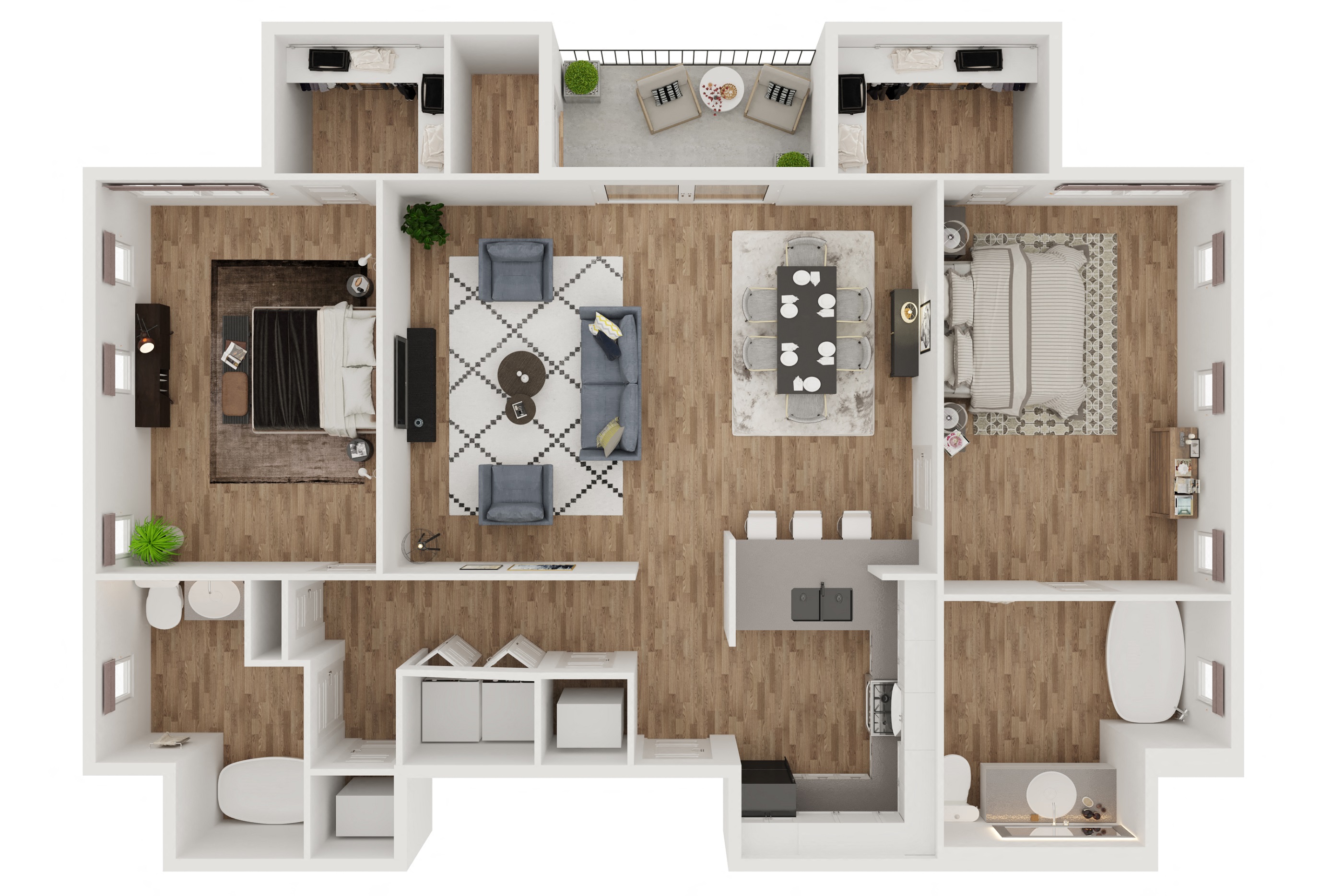 Floor plan for 2 beds, 2 baths, 1096 sqft